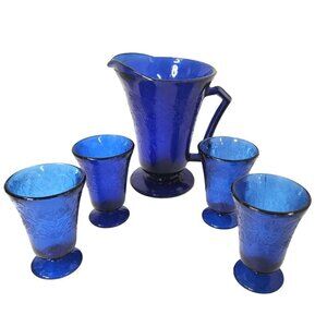 Vintage Cobalt Blue Glass Pitcher Set Florentine 2 Upper Deck 5 Piece Taiwan Emb